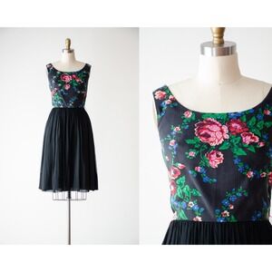black cottagecore dress 50s 60s vtg Gay Gibson pink floral sequin chiffon dress